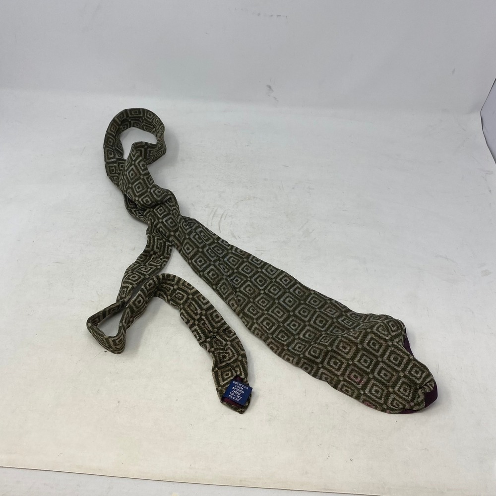 Polo Ralph Lauren Mens Silk Tie Olive Green Geometric Square Pattern Made in USA